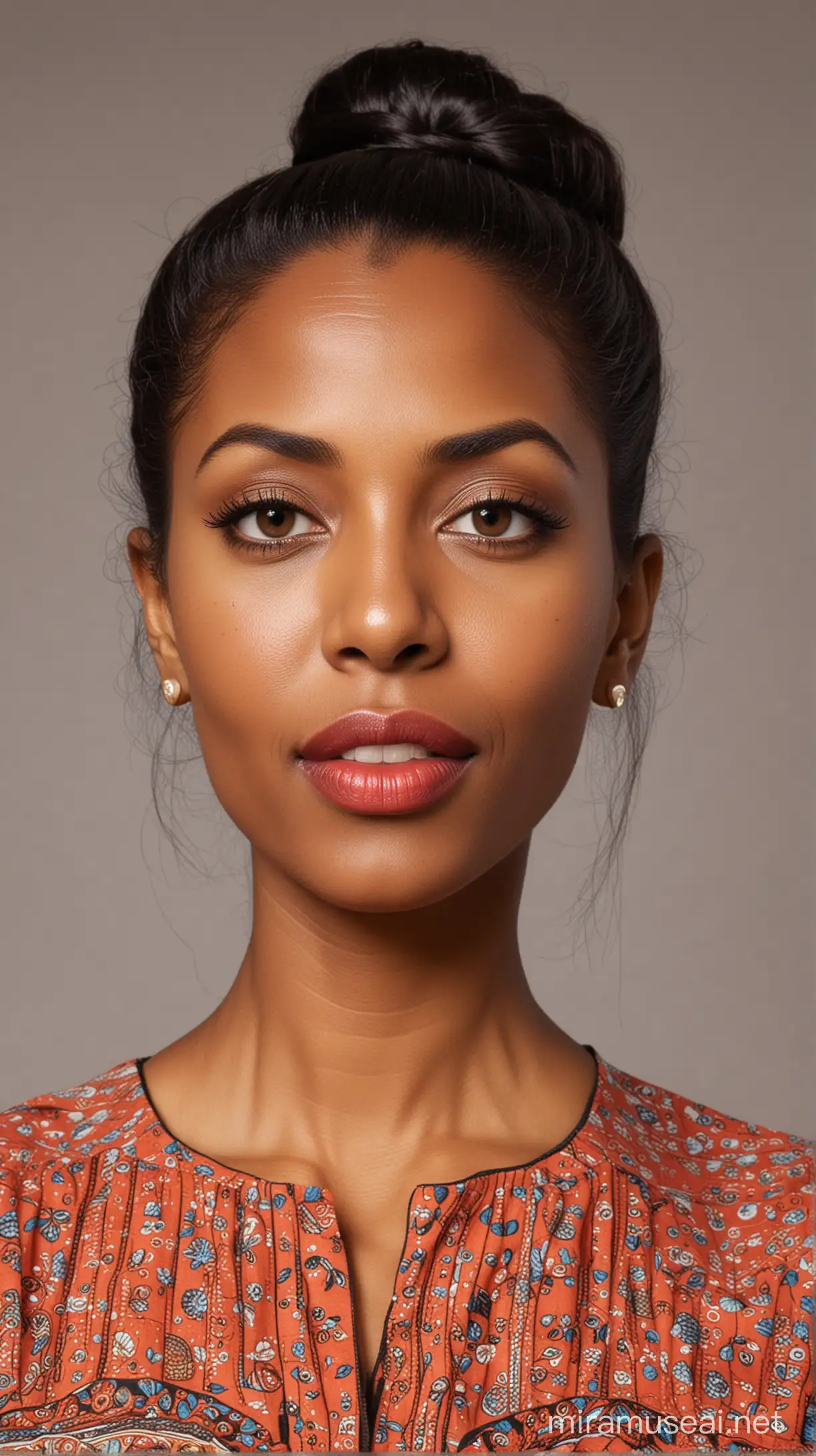 A 52 year old black skinny woman with big eyes, straight nose, small red lips, sharp chin and long straight hair with a bun at the back wearing a kurti