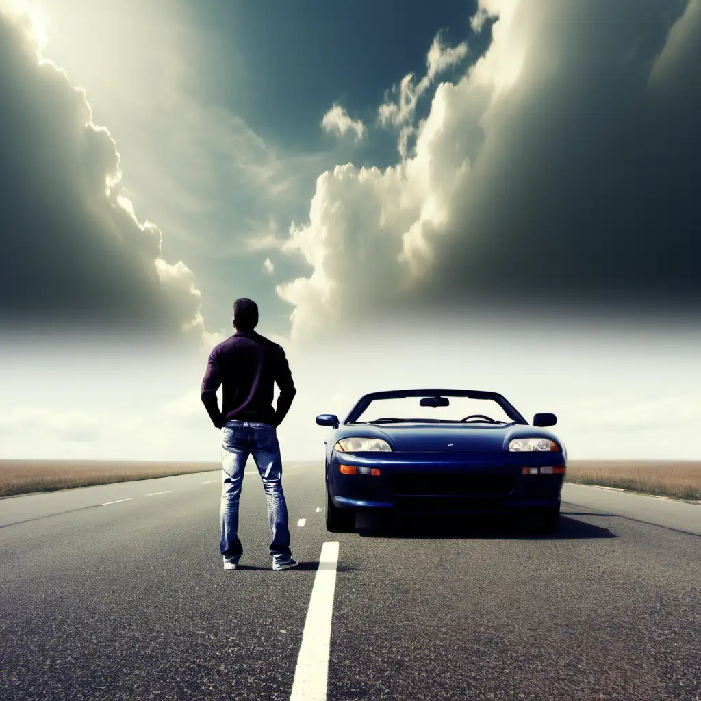 man leaning up against a sports car on an empty road with clouds in the sky
