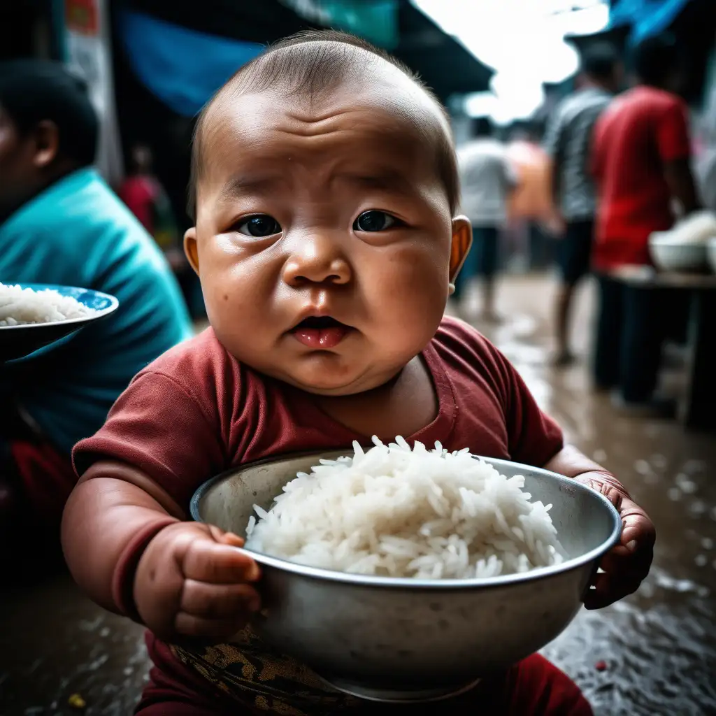 natural colour, Fujifilm X100, ultra realism, street food, very fat baby holding with a bowl of rice,