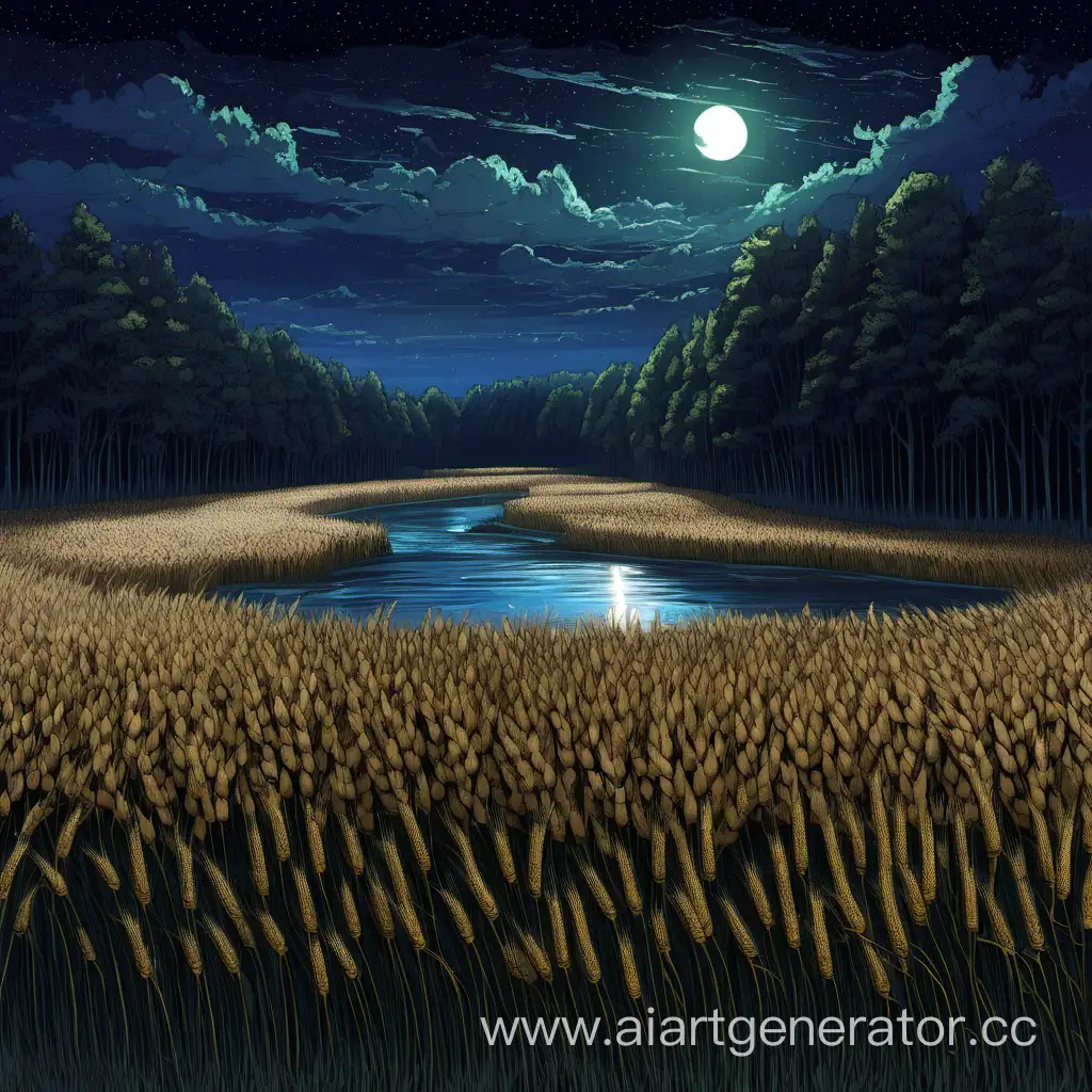 Ночное поле с пшеницей, вокруг лес, река