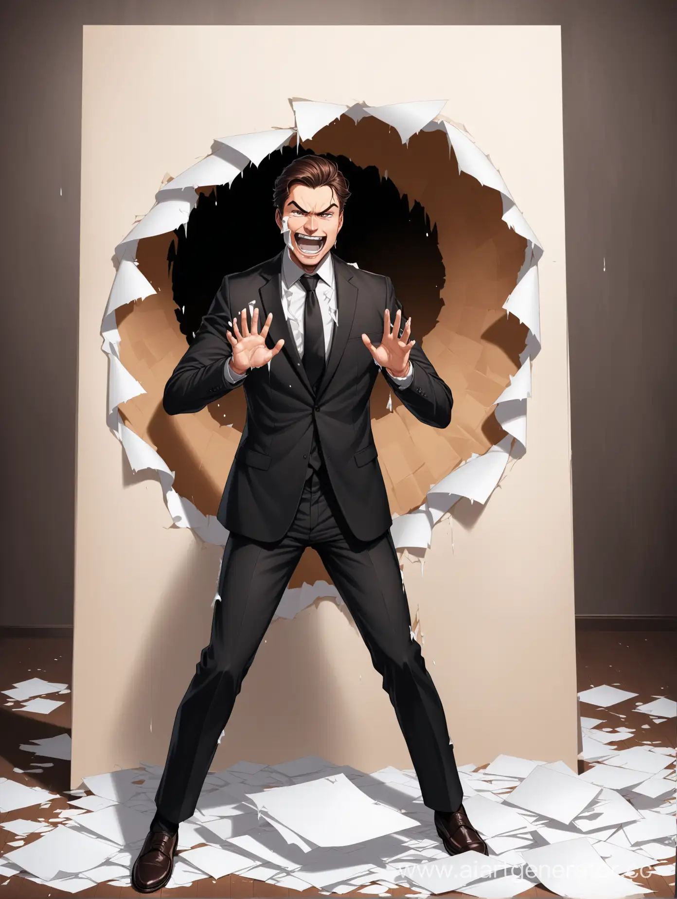 Man-in-Black-Suit-Bursting-Through-Paper-Canvas