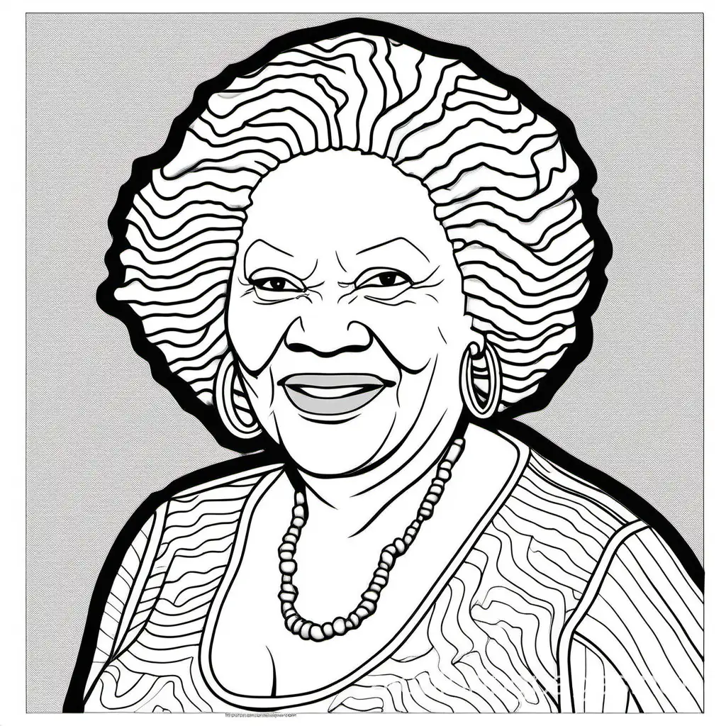 Toni Morrison, Coloring Page, black and white, line art, white background, Simplicity, Ample White Space. The background of the coloring page is plain white to make it easy for young children to color within the lines. The outlines of all the subjects are easy to distinguish, making it simple for kids to color without too much difficulty