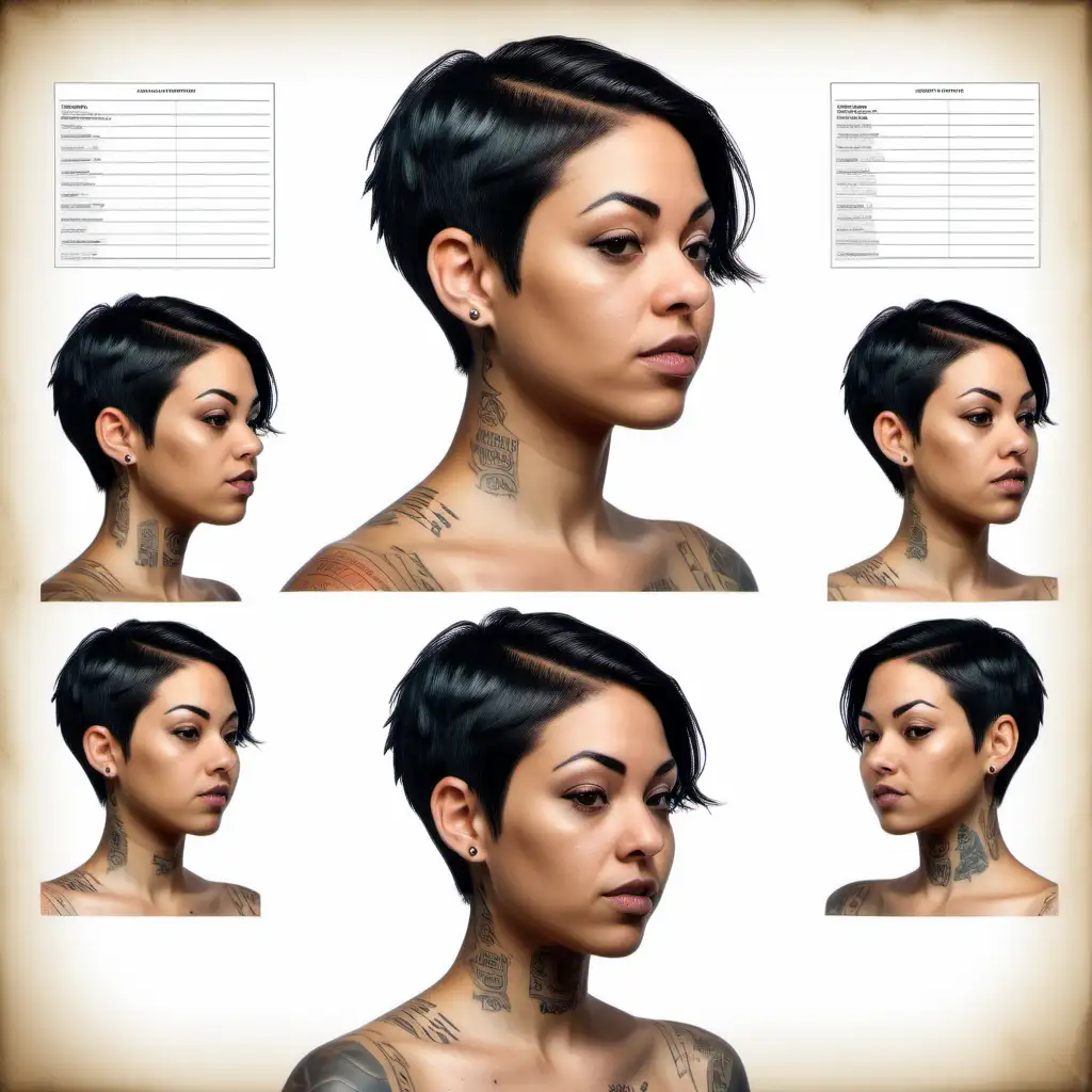 realistic photography of beautiful, 30-something racially ambiguous woman with short hair, tattoos, character sheet, spacing and margins, multiple angles