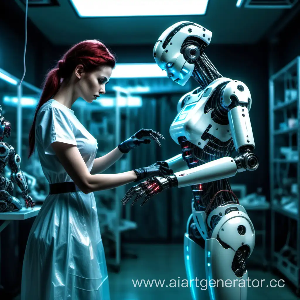 КИБЕРПАНК.юная медсестра в халатике прозрачном до пояса ремонтирует  робота человека подобного.медсестра реалистичная.