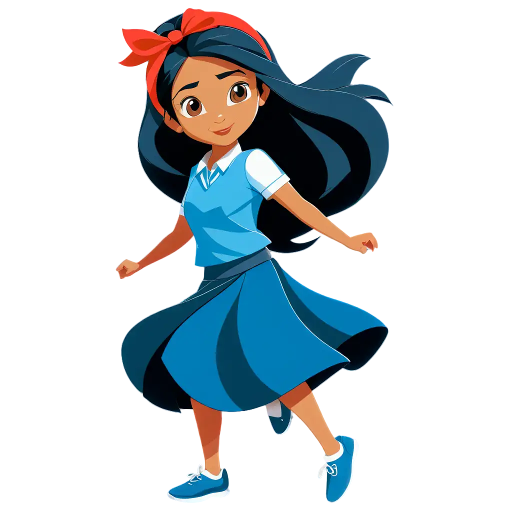 Stunning-PNG-Vector-Art-Indian-Schoolgirl-in-Blue-Shirt-and-Skirt-with-Red-Hair-Ribbon