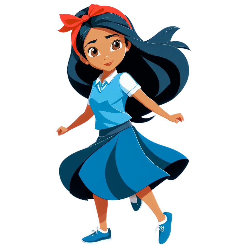 2d vector art, Simple an Indian School b Girl  in a Blue shirt and dark blue long skirt, black hair, with red hair ribbon