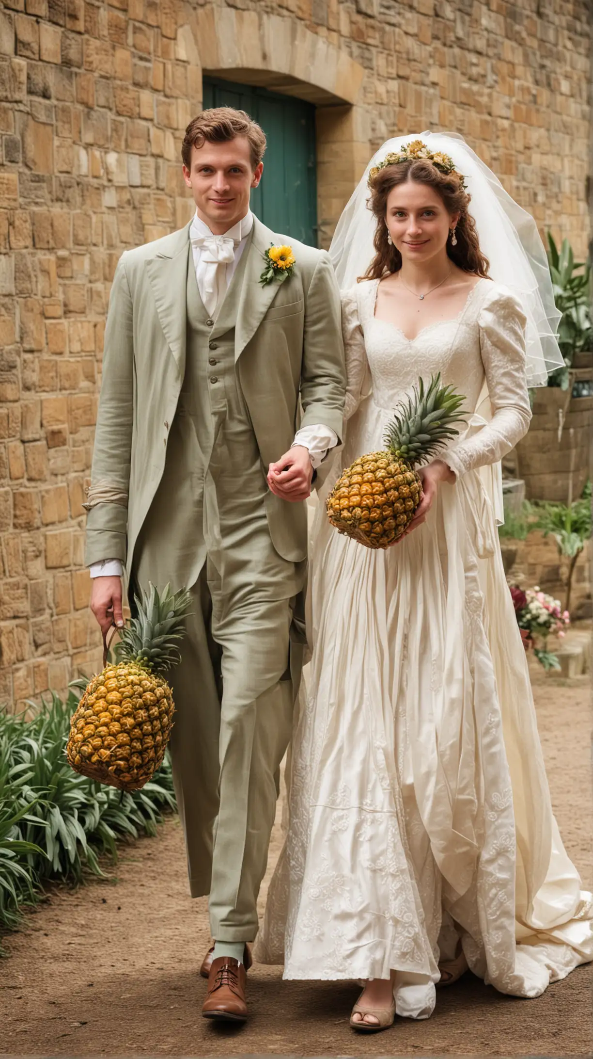 Bride and groom at a wedding in 18th-century England carrying pineapples.