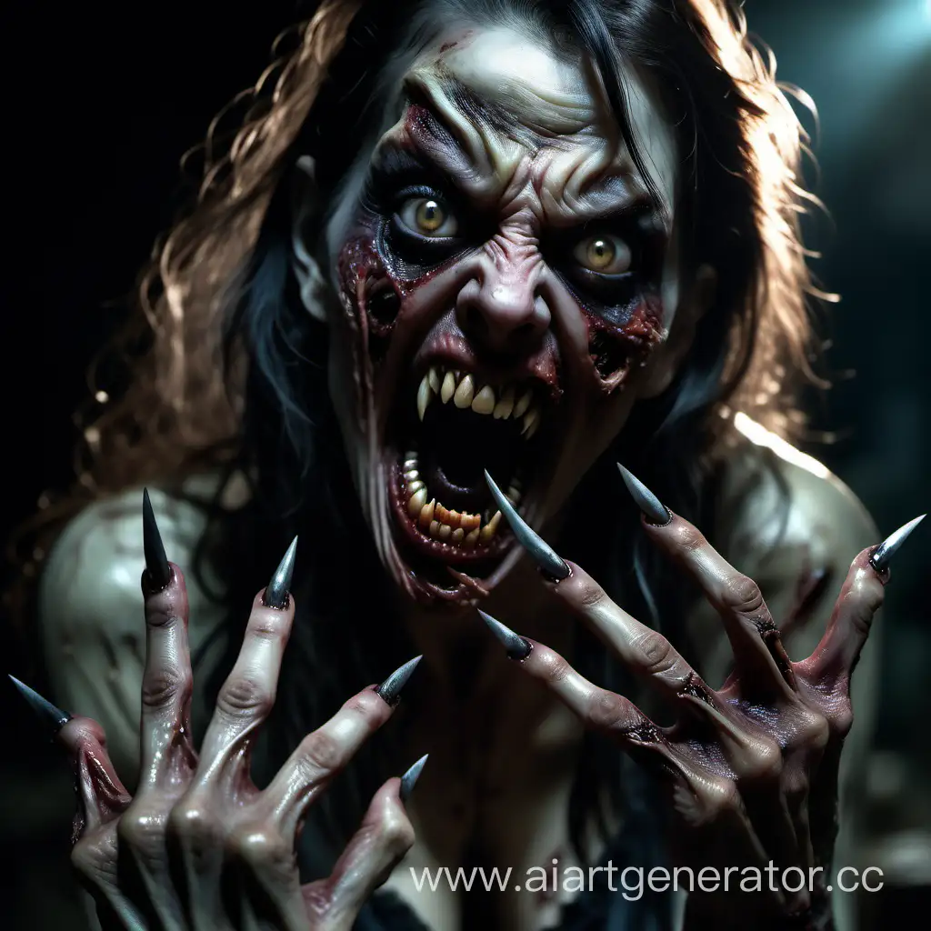 rotten skin hungry terrible zombie woman with long curved pointed nails protruding from her five fingers like menacing claws, her mouth is threateningly open exposing pointed teeth resembling fangs, the scene takes random place at night in a dark, hyper- realism, photorealistic, cinematic, high detailed, photo detail.