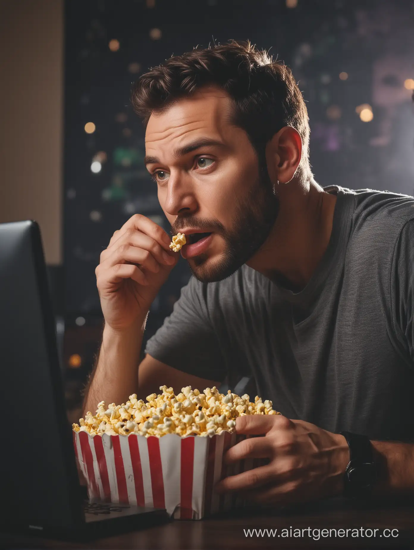 man watching movie on
 personal computer and eating popcorn in game club at night