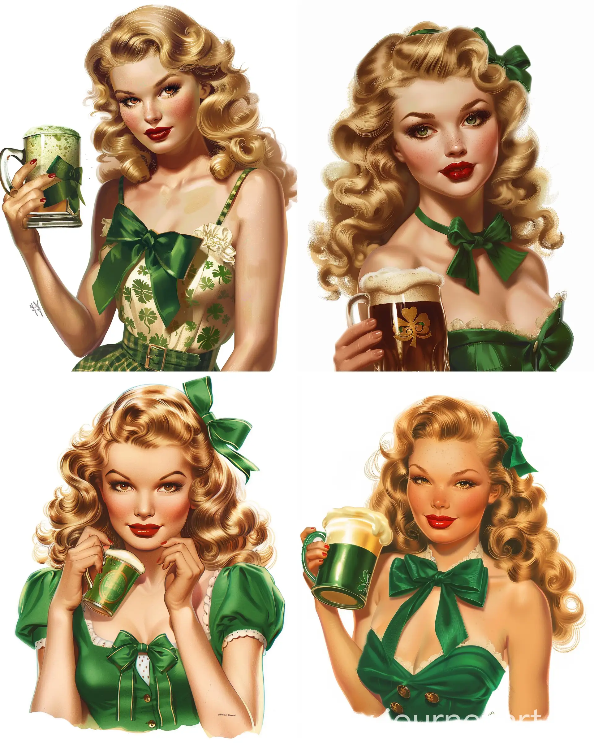 pin-up girl in St. Patrick's Day outfit holding frothy beer mug, vintage American style, fair skin, red lips, blonde victory roll curls, green bow, sweetheart neckline, knot detail, transparent sides, plain white background, centred and isolated on white background, smaller artwork:: pin-up, St. Patrick's Day, vintage American style, blonde victory roll curls, fair skin, red lips, green bow, sweetheart neckline, knot detail, transparent sides, plain white background, centred and isolated, smaller artwork:: --ar 4:5