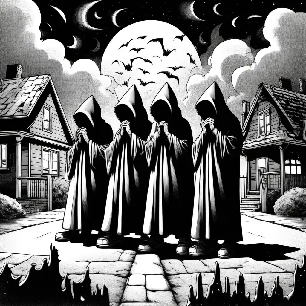 an image of four cultists in a cul de sac, there is a quiet neighborhood around them, in the sky is a dark god looking down on them, the cultists are wearing robes, there are some nosy neighbors about, the image is in black and white and like a cartoon