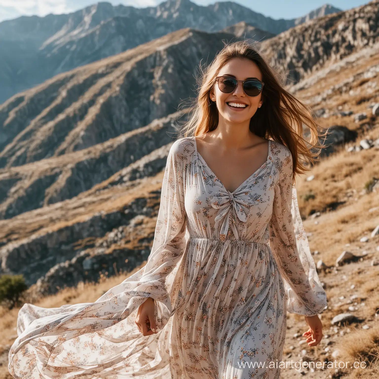 девушка в горах около 20 лет солнцезащитные очки на голове улыбается и позирует в развивающемся платье

