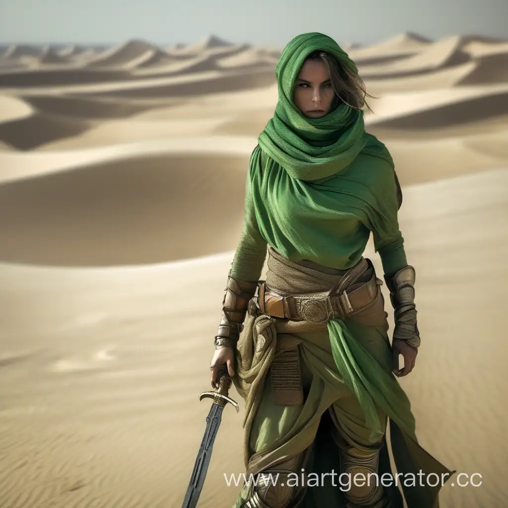 Девушка в пустыне, зеленый пустынный наряд, дюна, длинные волосы, платок на голове, шарф, легкая ткань, оружие, ремень на талии, голый живот, женщина воин
