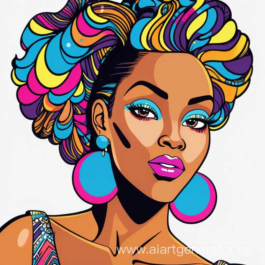 Sticker, Pop Art Black Woman in a party dress and Statement Earrings, vivid pop art style, contour, vector, white background