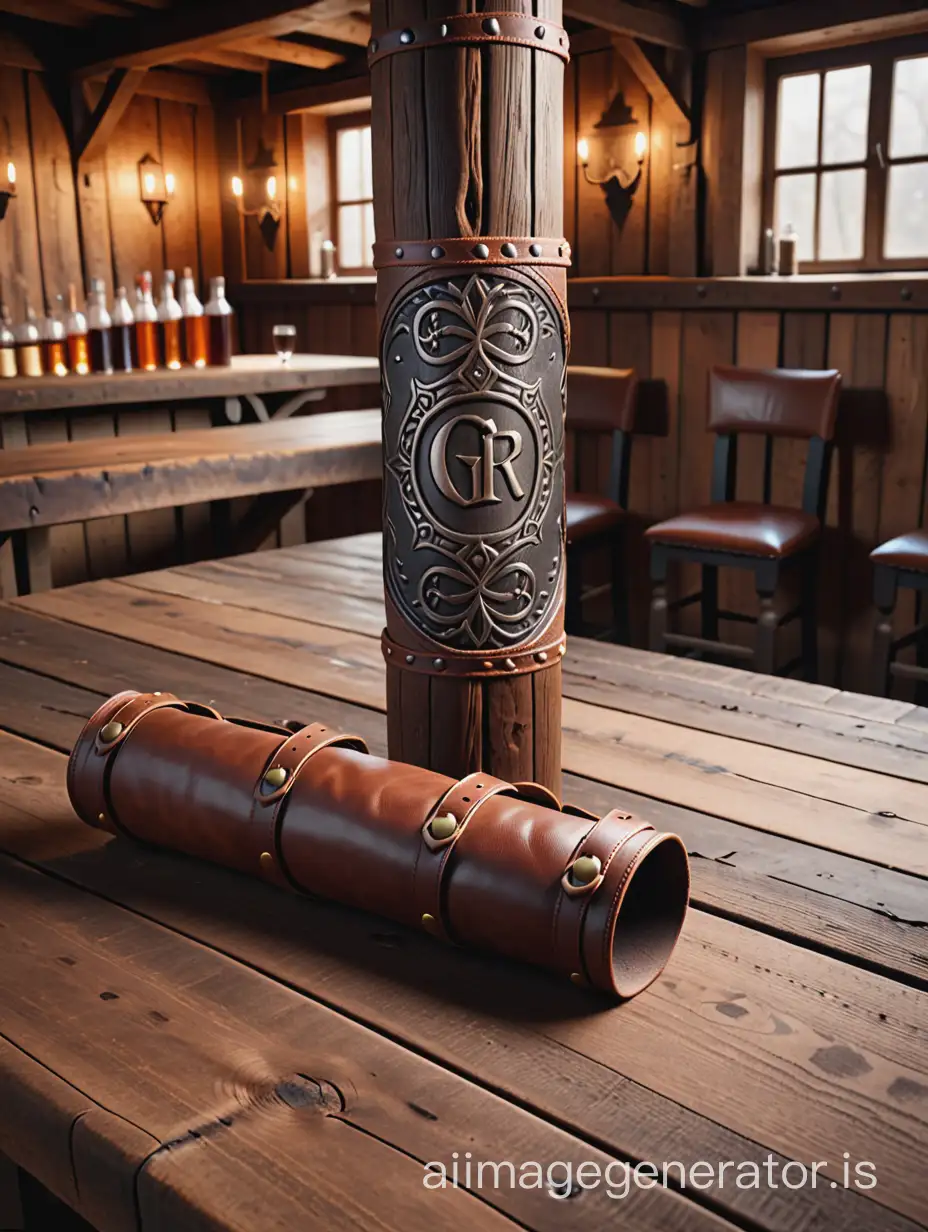 One Leather tube case with the large initials "GR" on it. on an old wooden bar table. medieval warriors sitting at the table looking at it. fantasy background