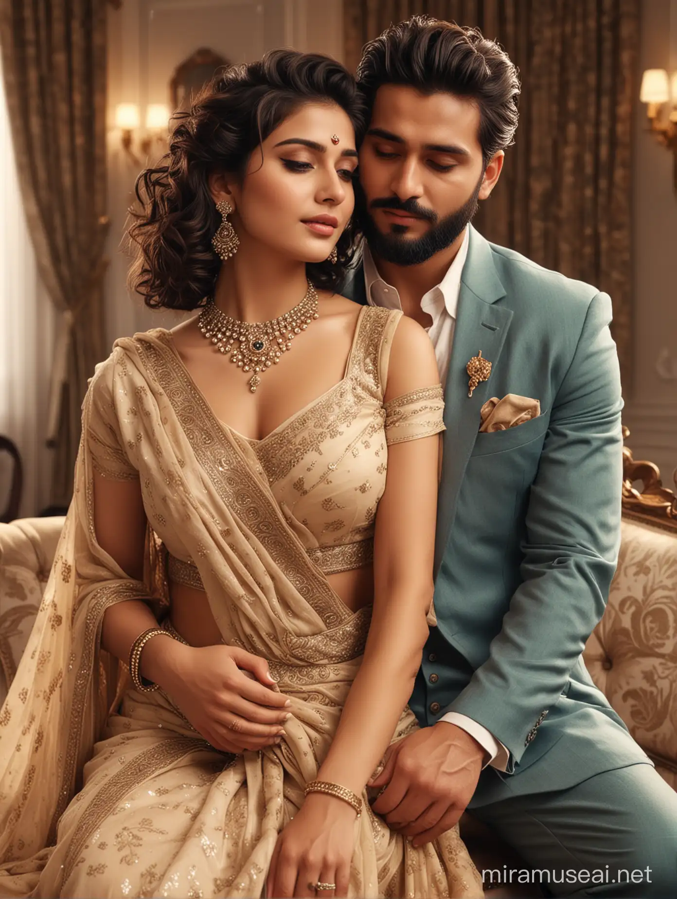 full body view  of most beautiful european couple as most beautiful indian couple, most beautiful girl in elegant bold color saree and long curly hairs, hairs tied  up with hair style stylishly, necklace,   big wide black  eyes, full face, makeup, low cut neck, SLEEVLESS, LOW CUT BACK, girl embracing with emotion and possessive feeling, pressing face to chest of man, emotional crying with longing feeling, innocence and ecstasy, hands around man neck, man comforting her,  man with stylish beard, perfect SHORT  hair cut, formals, photo realistic, 4k.
background, spacious modern elite photo room, with luxury sofa set, cream color carpfull body view  of most beautiful european couple as most beautiful indian couple, most beautiful girl in elegant bold color saree and long curly hairs, hairs tied  up with hair style stylishly, necklace,   big wide black  eyes, full face, makeup, low cut neck, SLEEVLESS, DEEP CUT NECK AND BACK, girl embracing with emotion and possessive feeling, pressing face to chest of man, emotional crying with longing feeling, innocence and ecstasy, hands around man neck, man comforting her,  man with stylish beard, perfect SHORT  hair cut, formals, photo realistic, 4k.
background, spacious modern elite photo room, with luxury sofa set, cream color carpet, elegant interior designs, vintage lamps, romantic reunion ambience, photorealistic, vibrant colors, intricate details, 8k.et, elegant interior designs, vintage lamps, romantic reunion ambience, photorealistic, vibrant colors, intricate details, 8k.