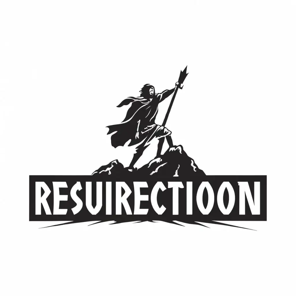 a logo design,with the text "Ressurection", main symbol:a man silluette with sword climbing a mountain,Moderate,be used in Entertainment industry,clear background