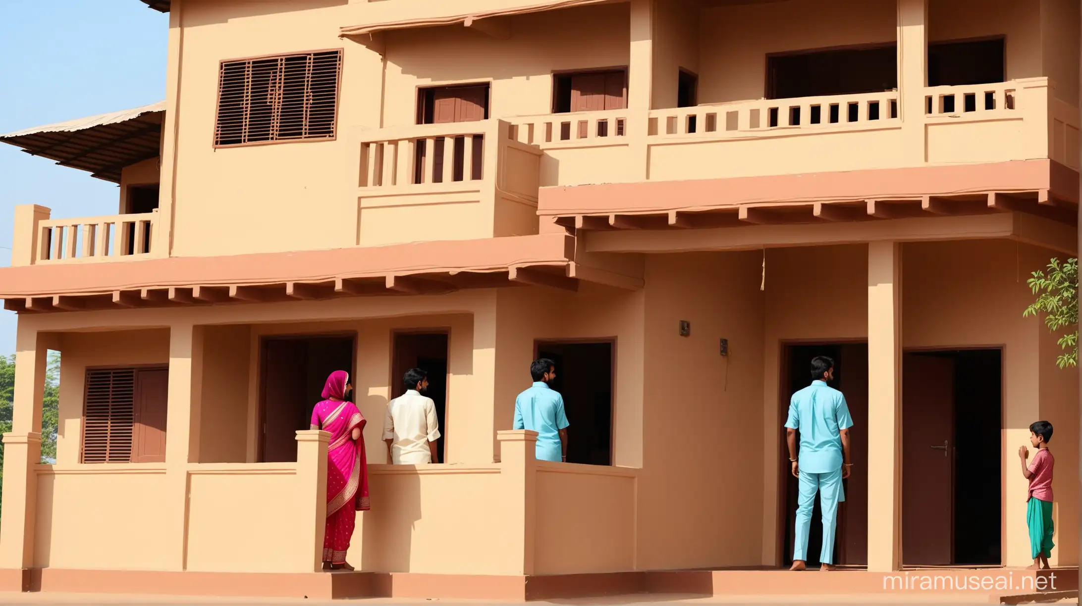 indian one mother one  father one son 20 one daughter 23 standing out of home and one couple watching them from first floor
