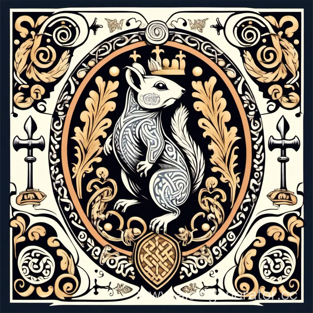герб в скандинавском стиле с белкой и узорами викингов