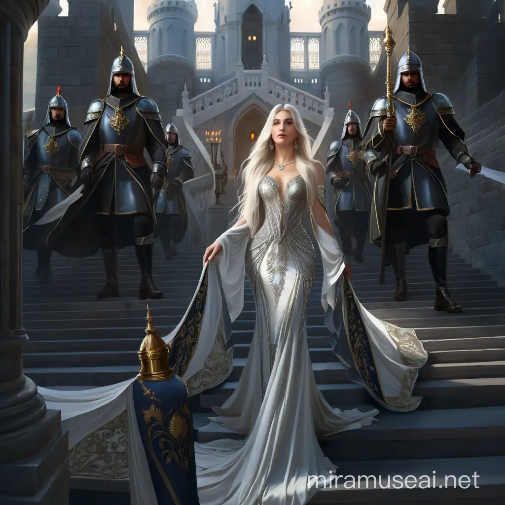 Elegant Queen in Gown and Jewels Descending Staircase with Guard Escort