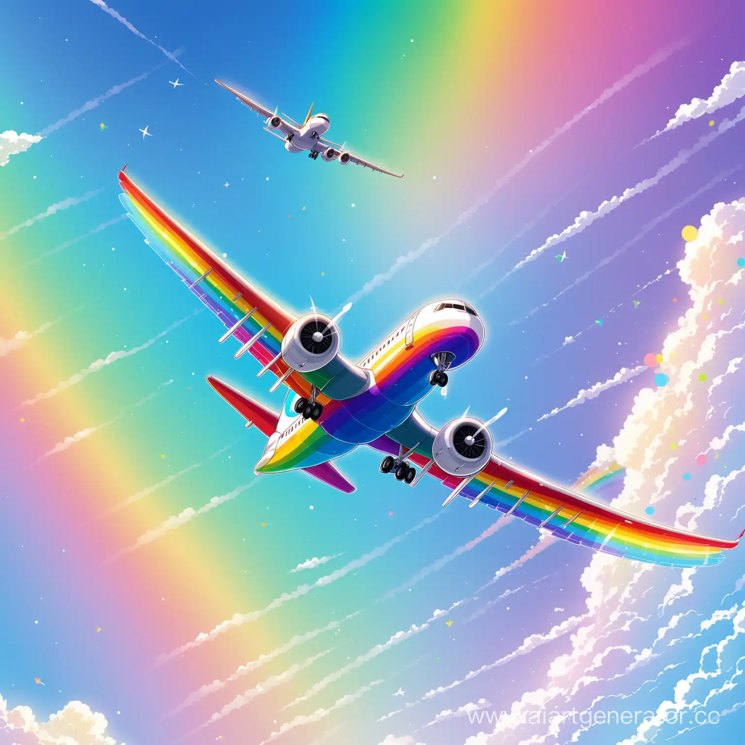 нарисуй самолет в крупном плане в центре летящий в небе на фоне радуги в хорошем качестве
