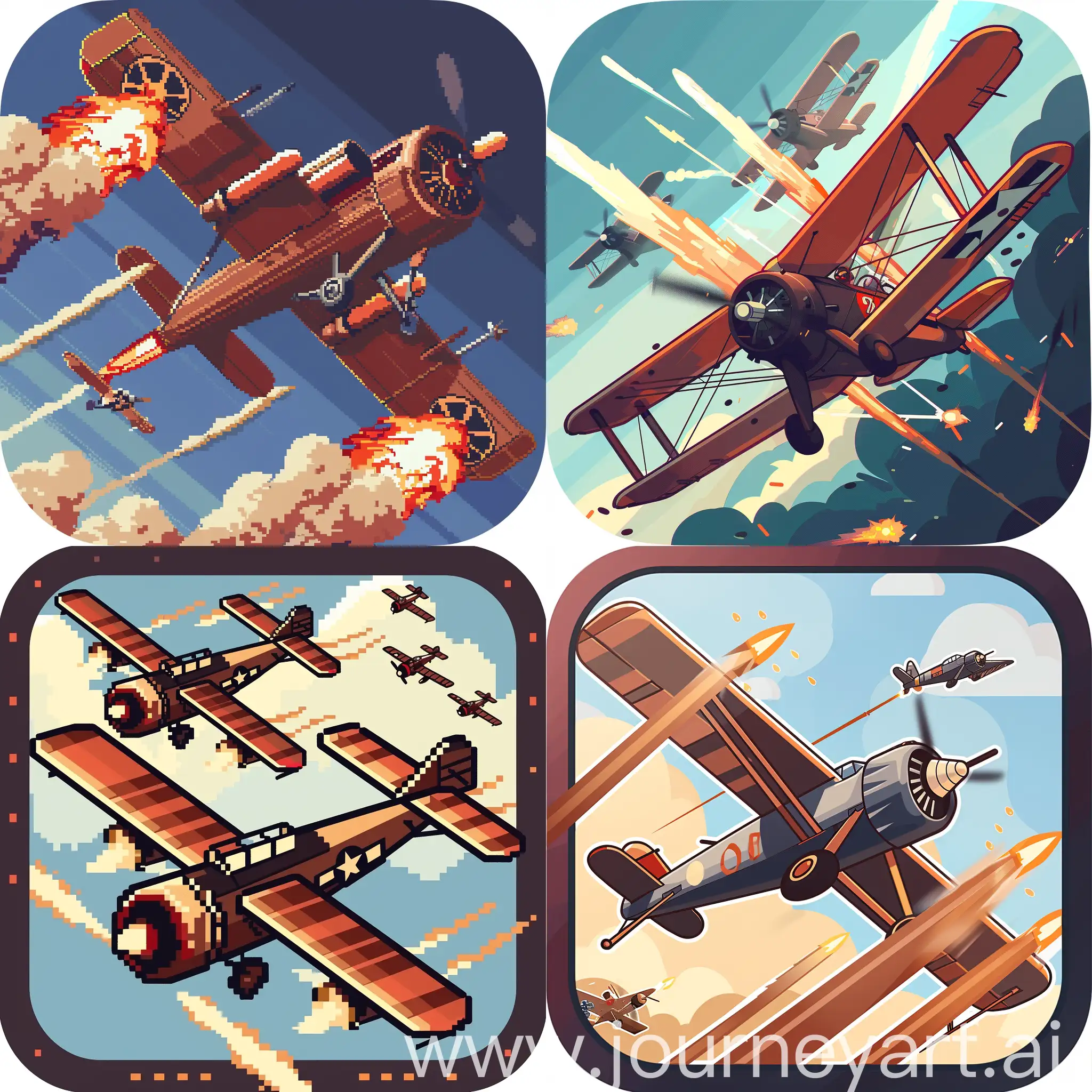 icon for mobile game. Game about fighting on old planes(biplanes). Game is 2d with side-view and pixel art graphics. Icon should express dynamic fighting between planes