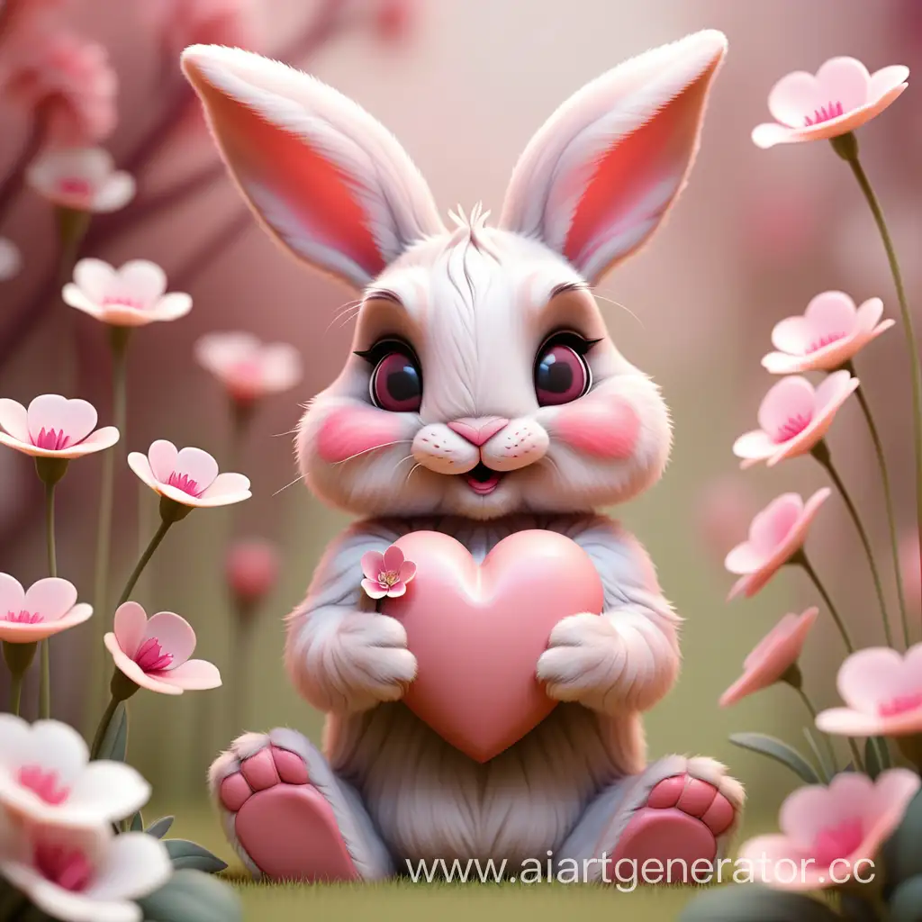 Изображение милого зайчика с сердечком в лапах среди розовых цветов, мягкие цвета