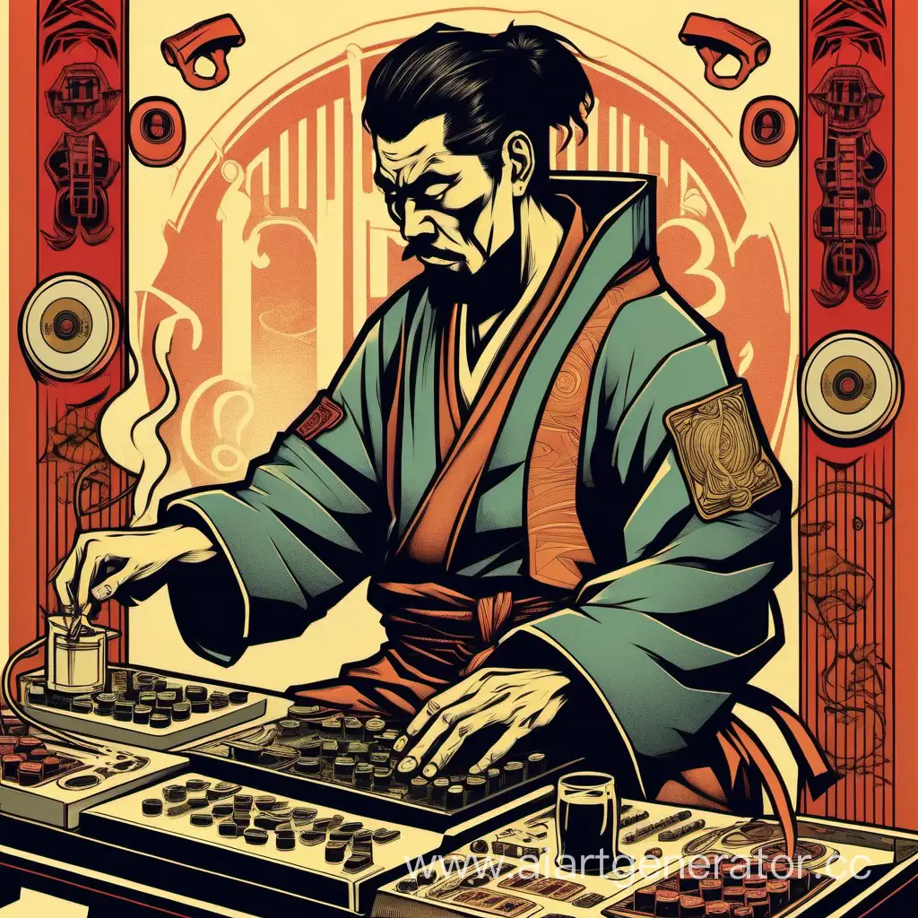 DarkHaired-German-HipHop-Samurai-MPC-Groovebox-Vibes-in-Art-Deco-Style