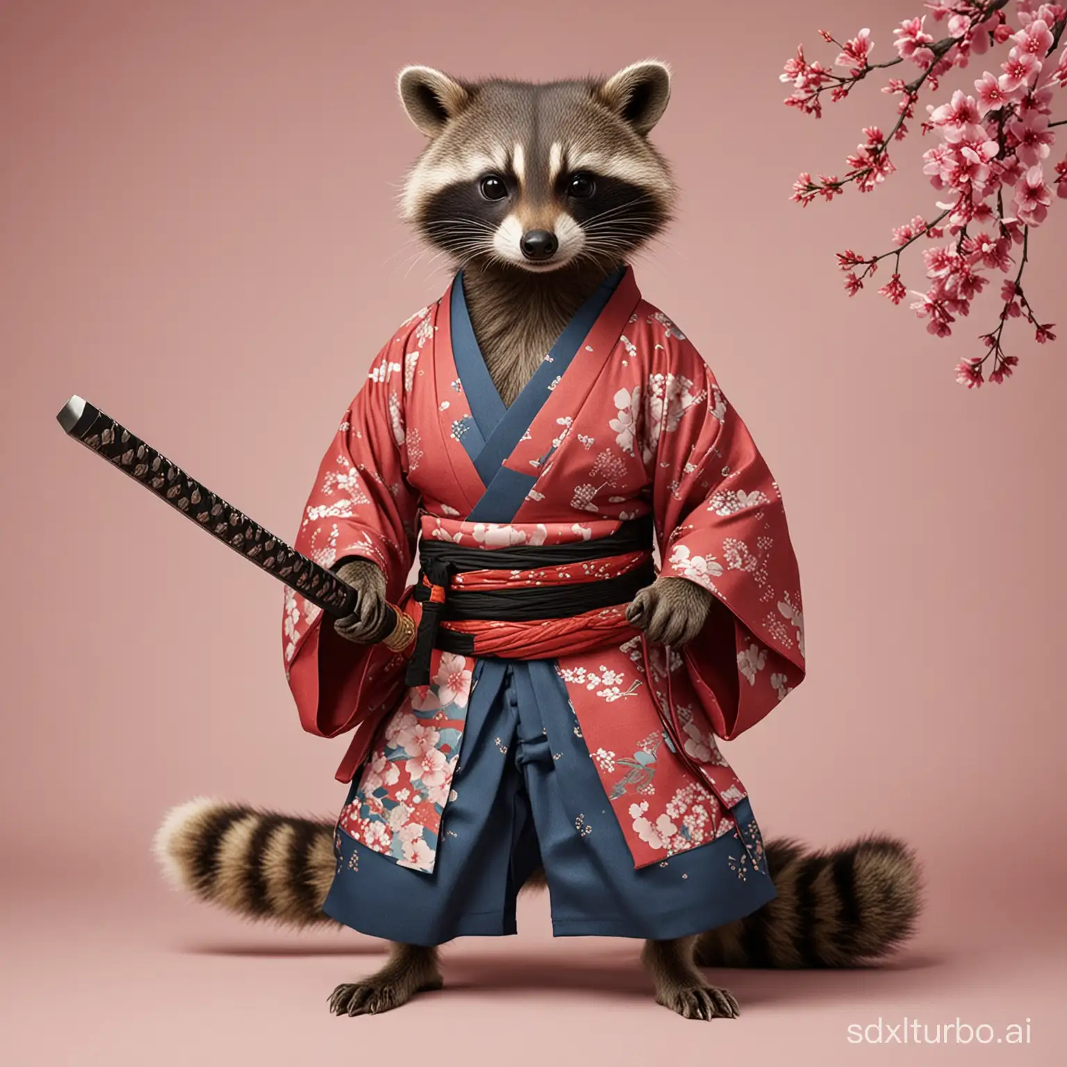 A raccoon with a katana in a kimono