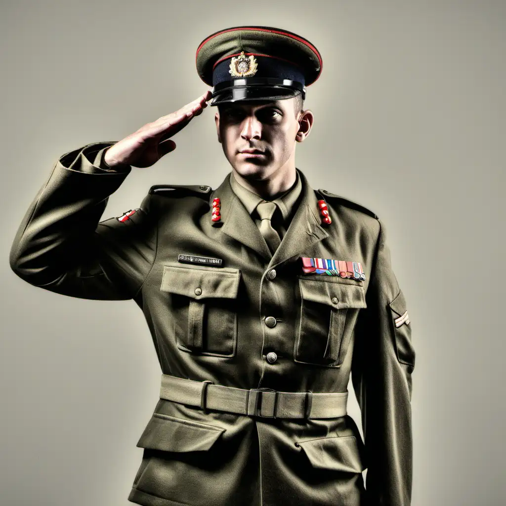 British army soldier in full combat uniform standing to attention and saluting