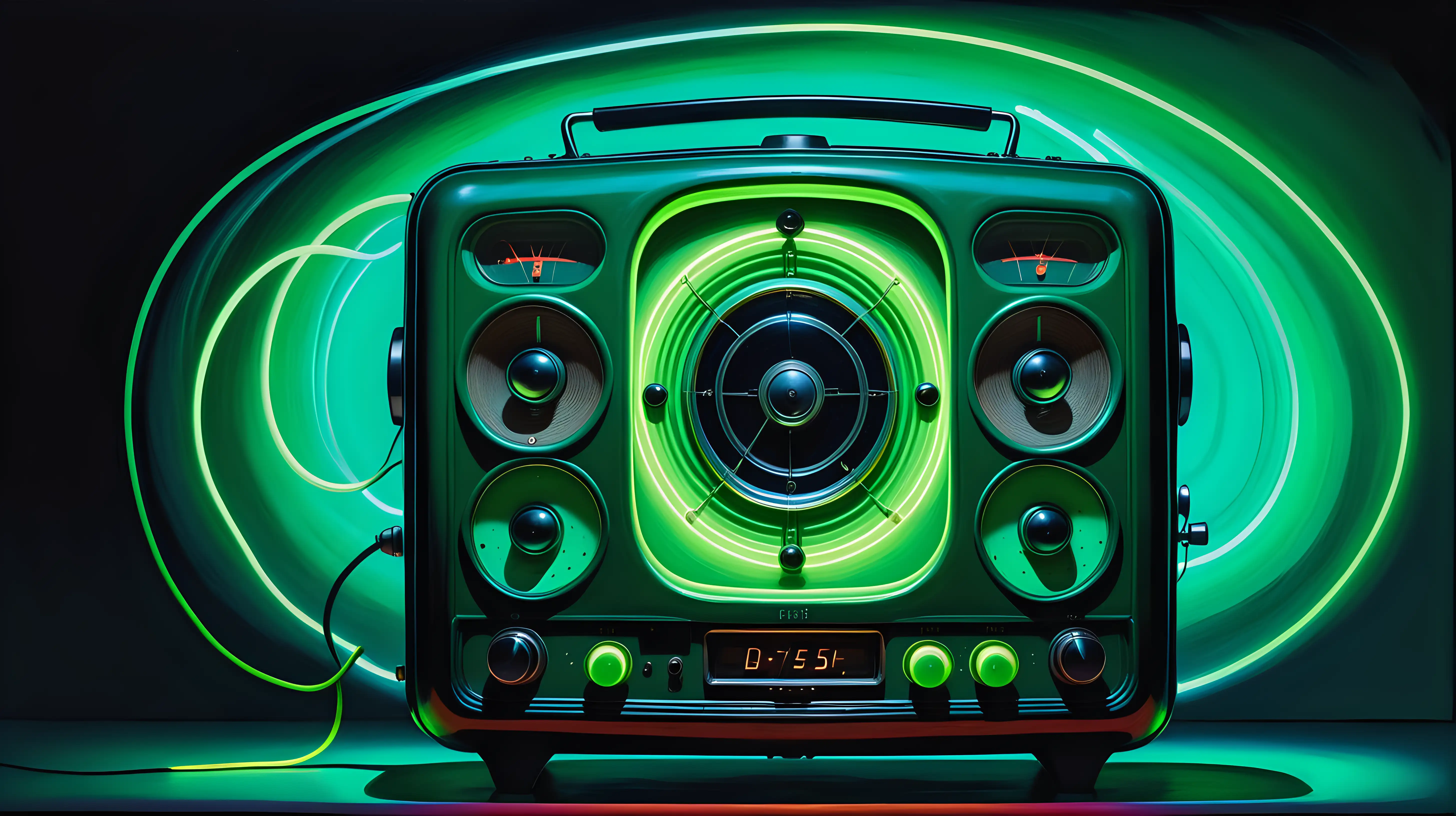 Max Ernst Style Painting Green Old Time Radio Against Dark Background with Neon Colors and Phosphorescent Light Trails