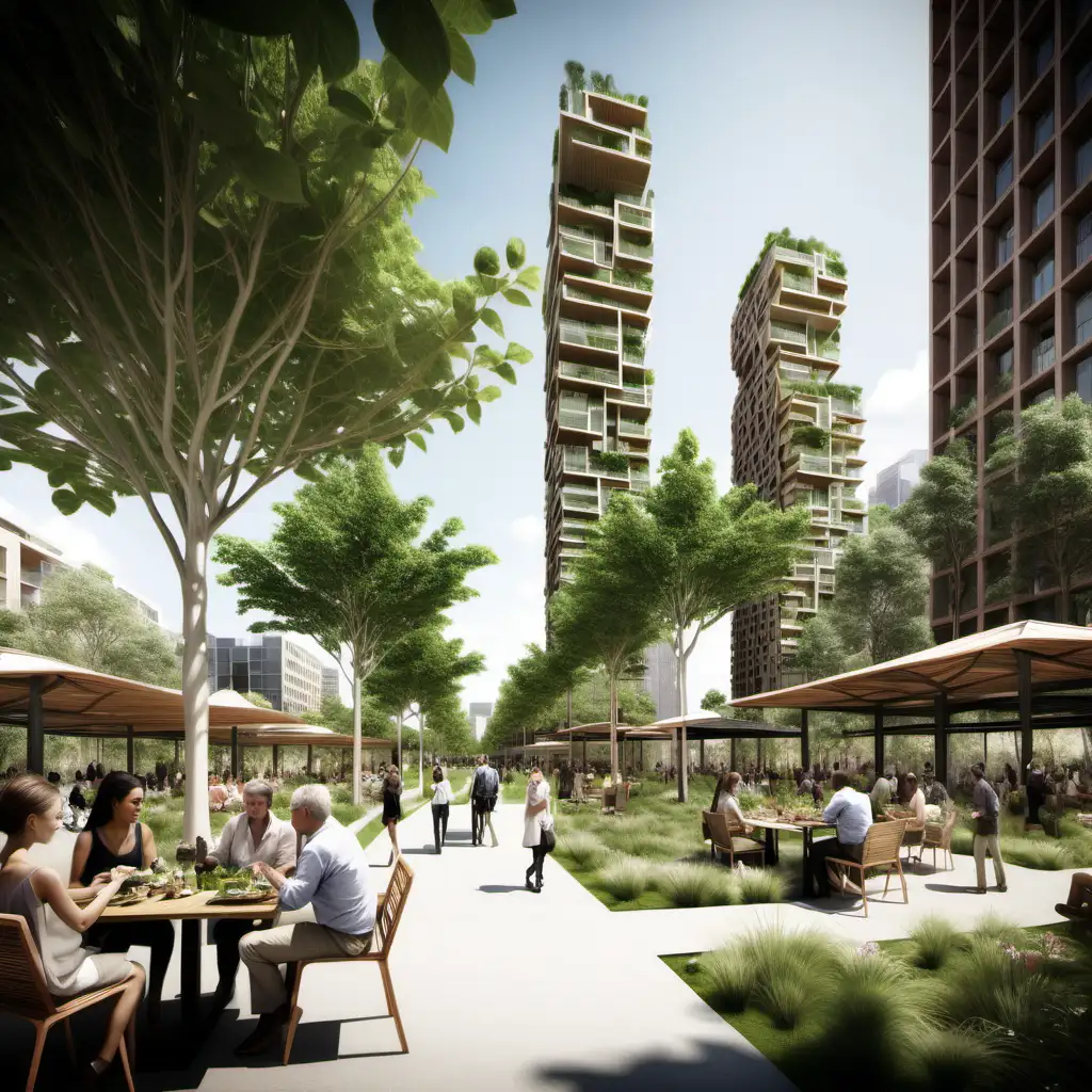 New city Green Square for 30,000 dwellings mixed use parklands generous tree canopy outdoor dining with some tall buildings

