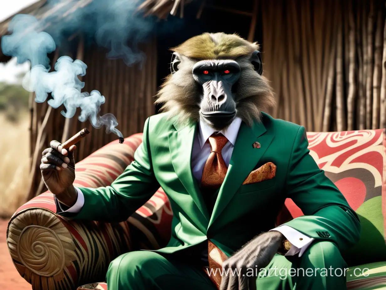 A humanoid baboon wearing a suit looking rich,in an African hut seated on a couch holding a cigar,with smoke oozing from nose,with an evil green,the outside is Savana grasslands

