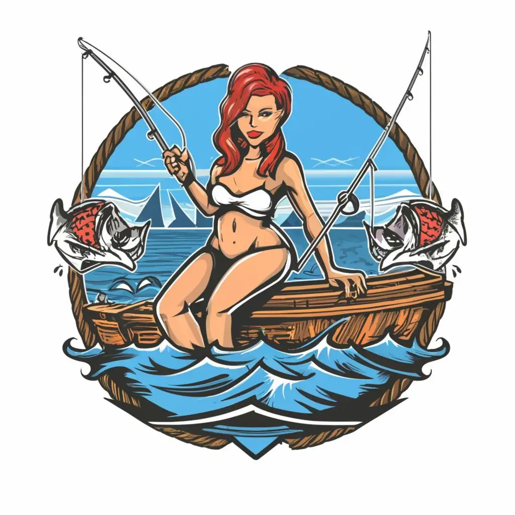 logo, create a logo vector t-shirt design of fishing babe on a yacht white background , intricate detailed , clear white background, no words,    , Contour, Vector, White Background, no words, ultra Detailed image , ultra sharp narrow outlined image, no jagged edges, very vibrant neon colors, no watermark, with the text "" typography , with the text ".", typography