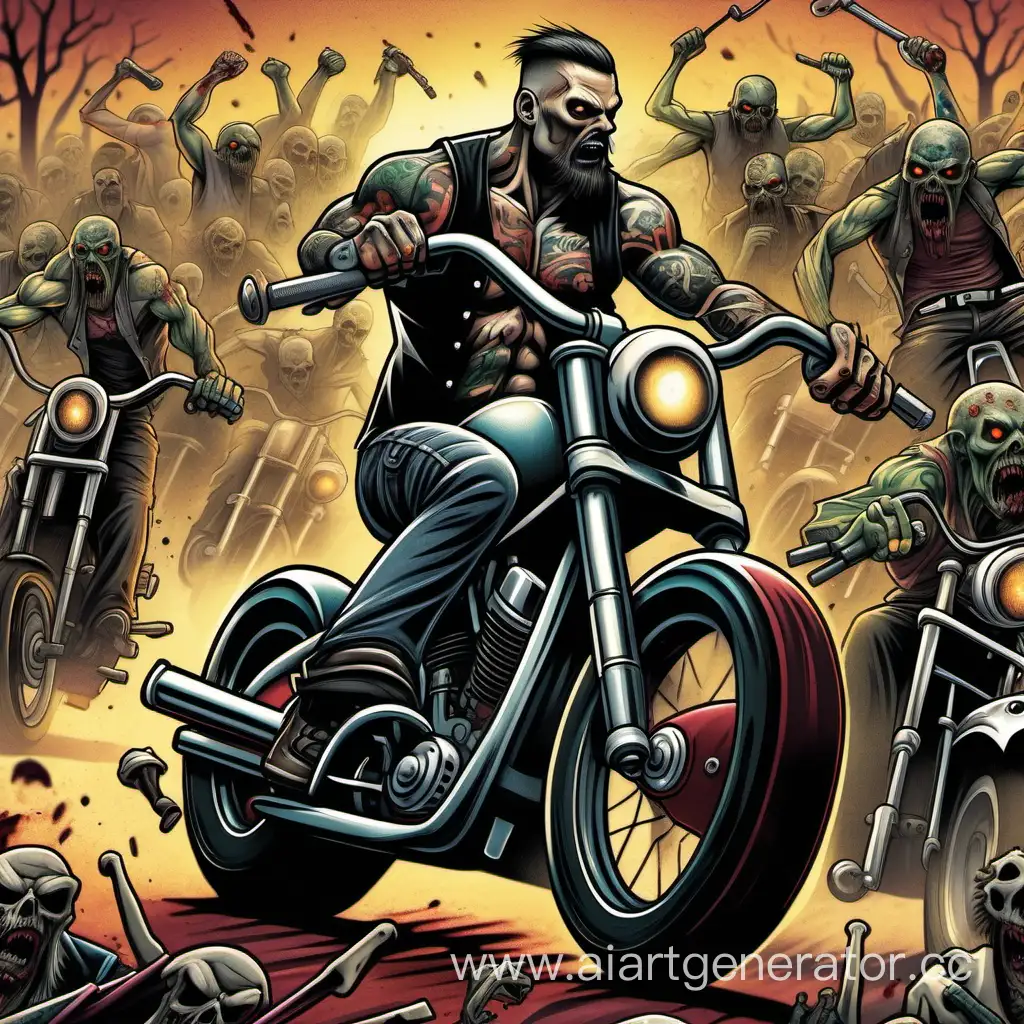 Muscule bicker with tattoos on chopper drives away from a zombie horde