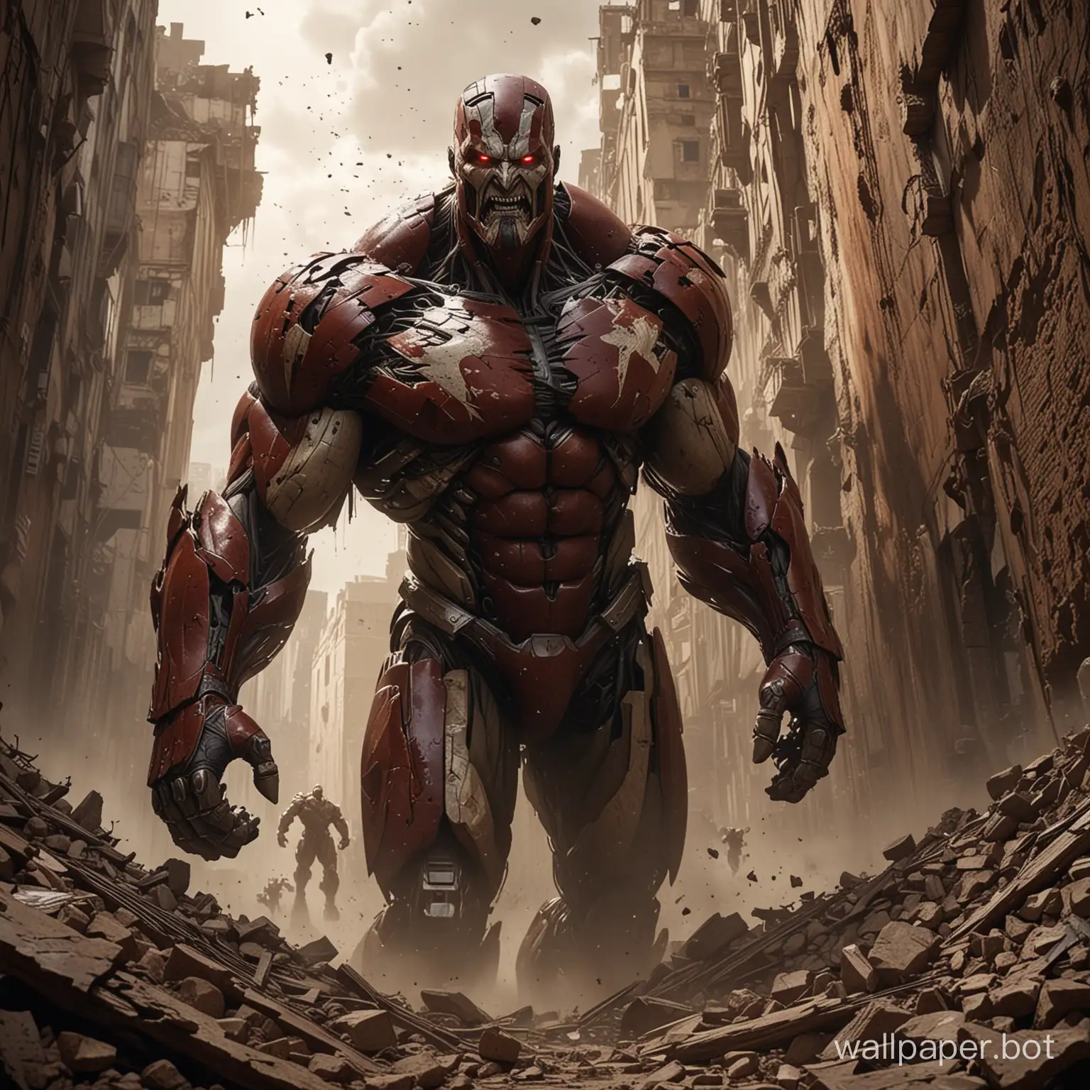 **Prompt:** 8K ultra-high-definition resolution, shot from an upward-looking perspective from inside the city walls outward, displaying the full figure of the impressively colossal titan. The titan is depicted nude, showcasing its action as it crashes through the fortifications, with fine details of the ruined walls and flying debris. The titan's menacing expression and sharp teeth are captured, (with high dynamic range, high contrast, detailed light and shadow treatment: 1.3 times), and the powerful movements of the red-skinned titan's muscles are vividly lethal (ultra-realistic and high-resolution: 1.5 times). The combat stance is distinctly intimidating and offensive. The scene portrays a massive breach, with the titan's shoulders lunged forward, radiating a powerful sense of movement and urgency. Close-ups are taken of the haphazard flight paths of the debris and the gigantic figure's powerful stance, making the presence of the titan in the picture deeply impactful and immersing, embodying raw and primitive force and ferocity.
