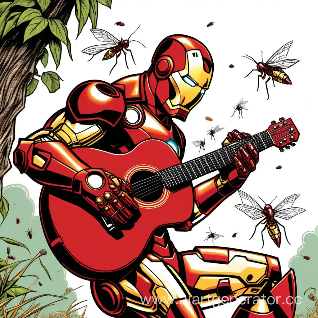 Iron-Man-Playing-Guitar-with-a-Straw-Amidst-Flying-Insects