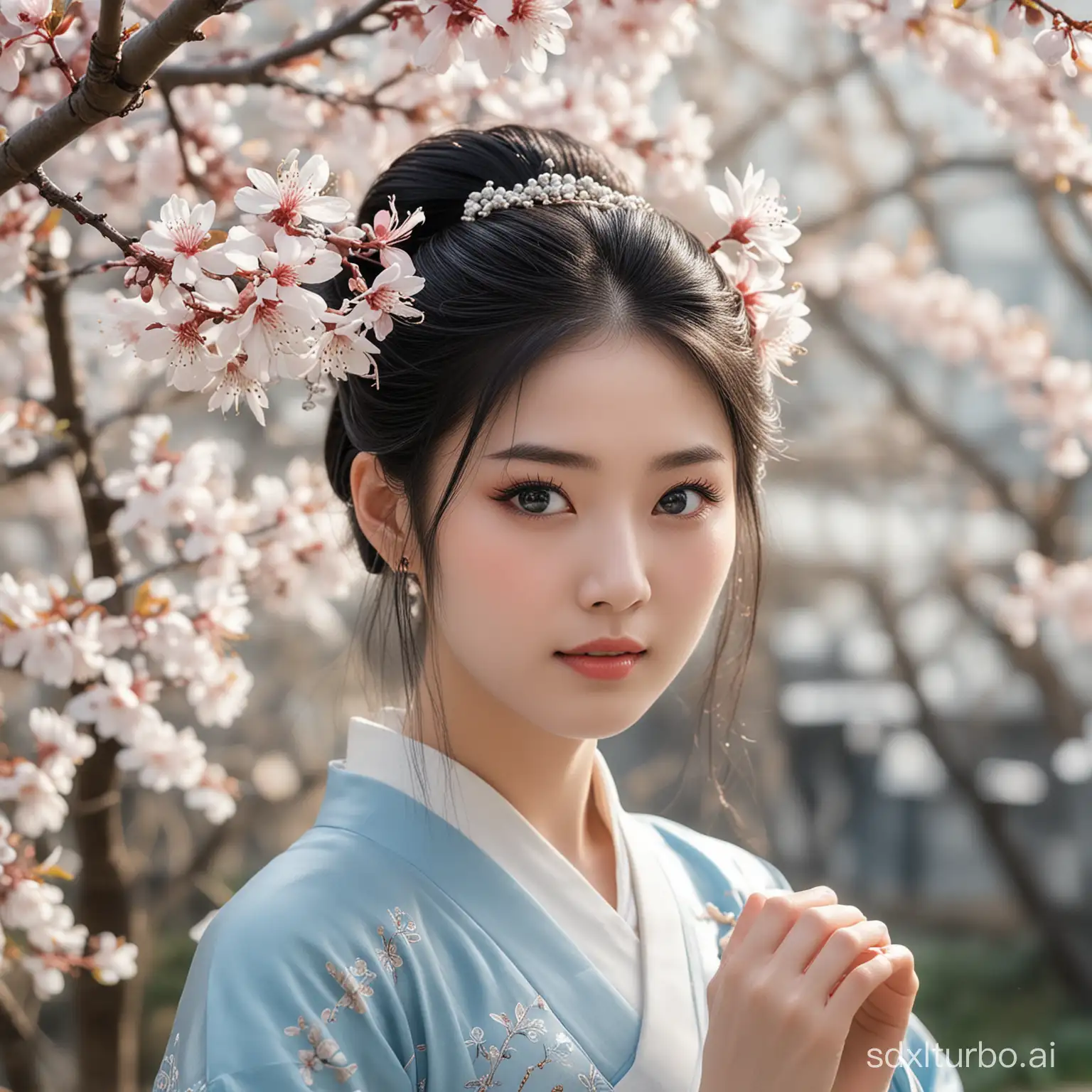 A girl, with very white complexion, pointed face, thin, looking at the flowers sideways, with long and black hair half tied up, adorned with a hairpin, faint and slender eyebrows. The gray-blue pupils are deep and intricate, with a high and deep nose bridge, wearing a semi-transparent white Hanfu, adorned with a ring on slender fingers, on a sunny day, looking at flowers under a cherry blossom tree.