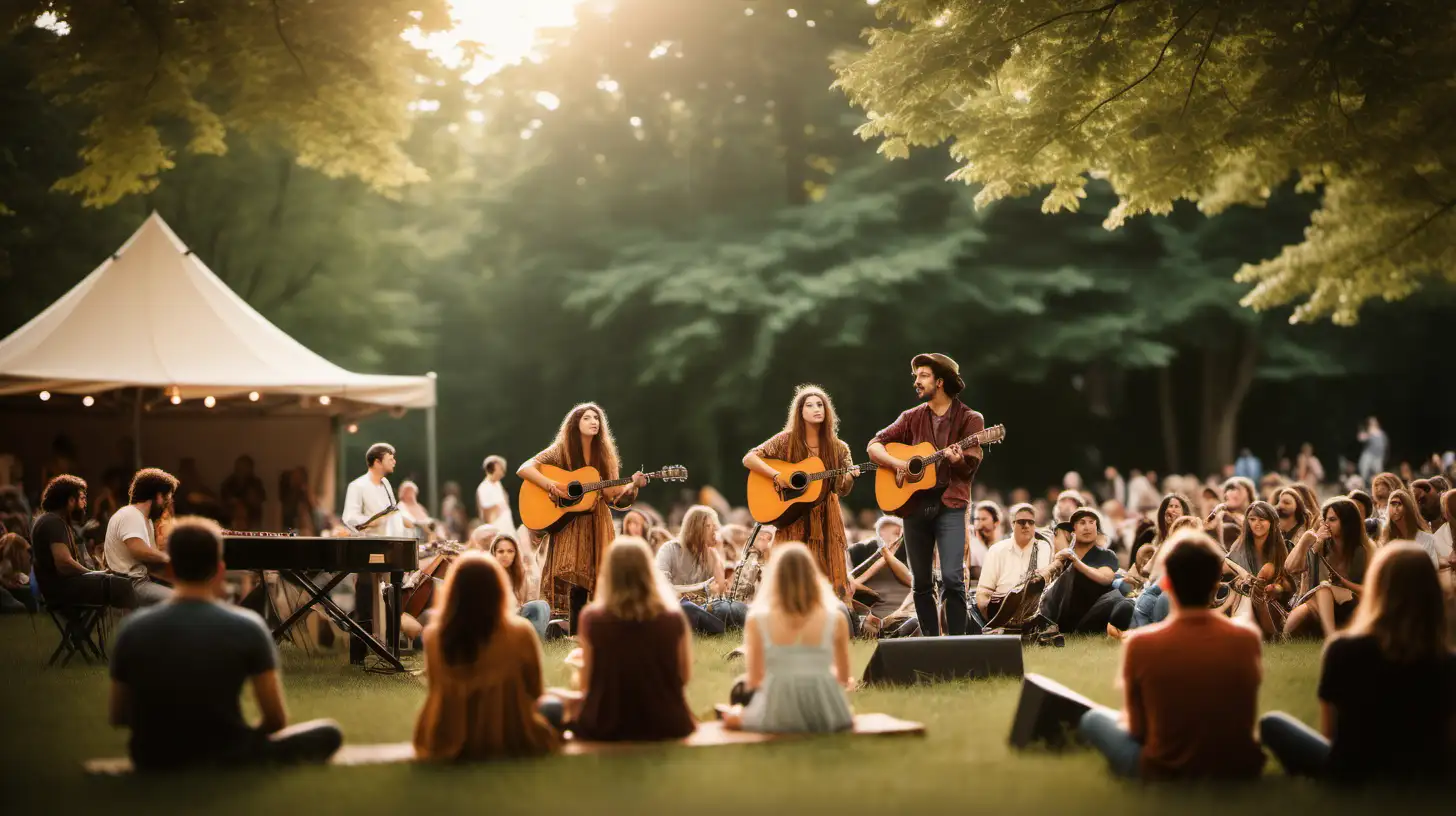 /imagine prompt: A folk band playing on a small, intimate stage at an outdoor music festival during the day, surrounded by trees. Band members in casual, bohemian attire, playing acoustic instruments, audience seated on the grass, engaged and relaxed. Created Using: Soft natural lighting, warm color palette, detailed texture of acoustic instruments, casual and inviting body language, clear foreground with a bokeh background of trees, intimate crowd interaction, serene festival vibe --v 6.0