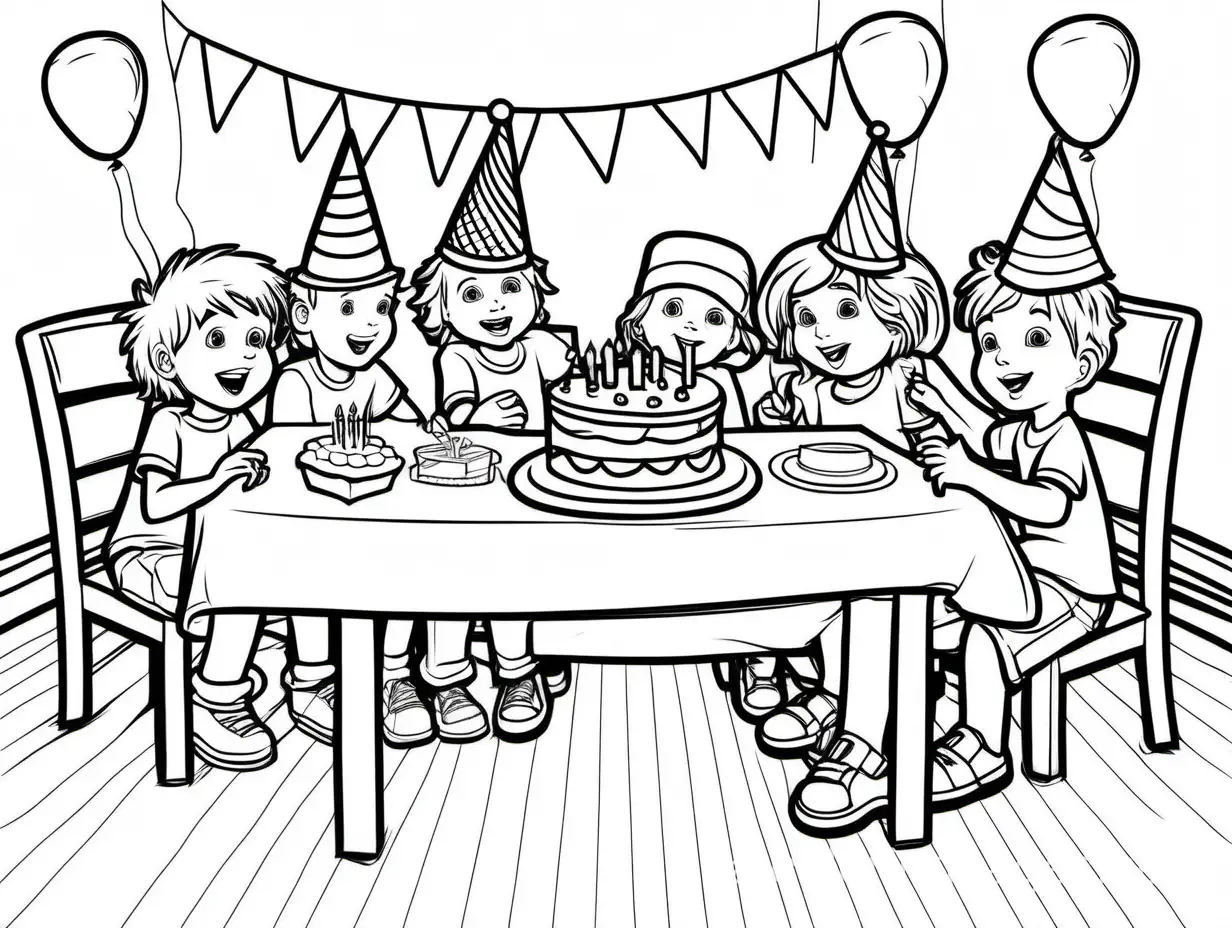birthday party kids. paty hat fallen under the table, Coloring Page, black and white, line art, white background, Simplicity, Ample White Space. The background of the coloring page is plain white to make it easy for young children to color within the lines. The outlines of all the subjects are easy to distinguish, making it simple for kids to color without too much difficulty