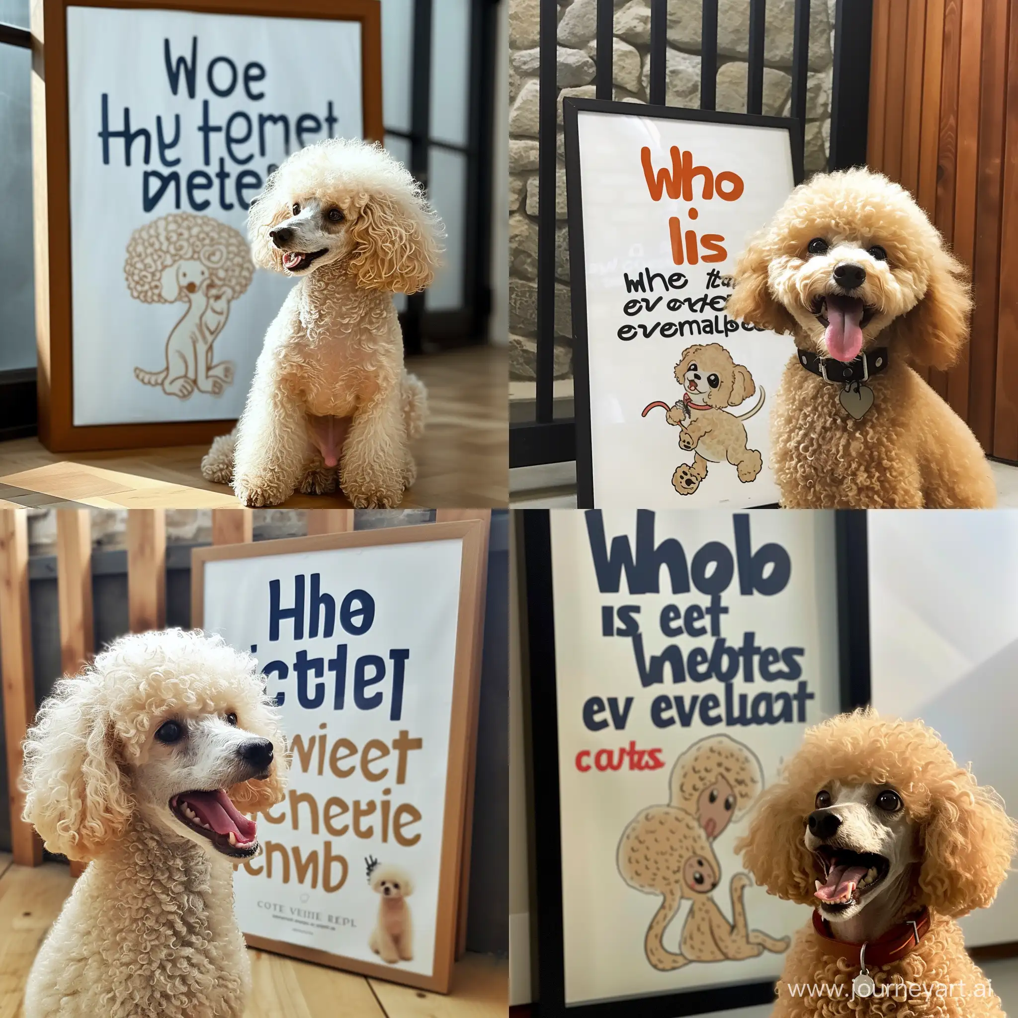 A photo of a cute poodle in front of a poster that reads "Who is the cutest creature ever existed?"