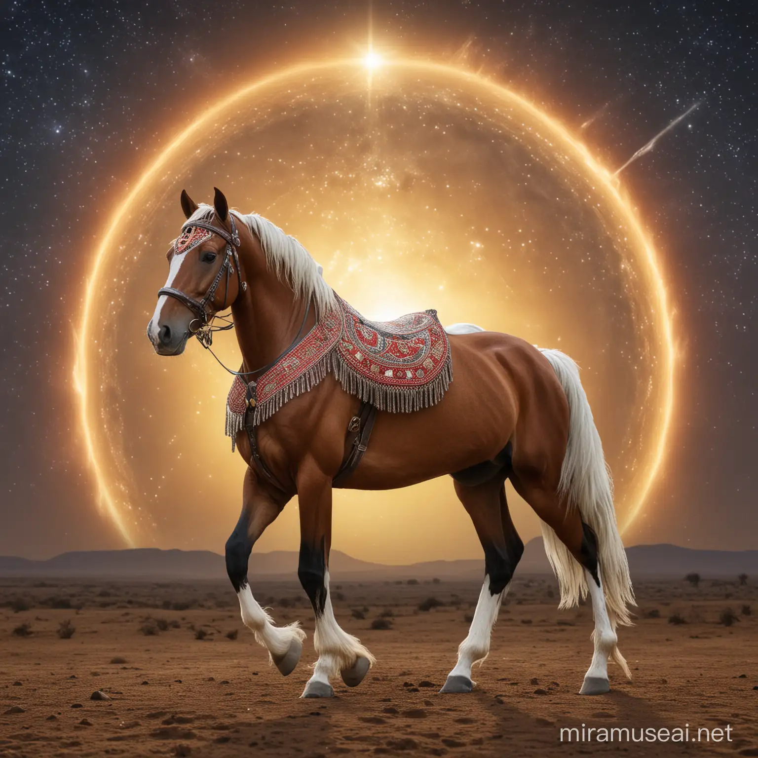 Majestic AkhalTeke Horse with Halo in Ethereal Background