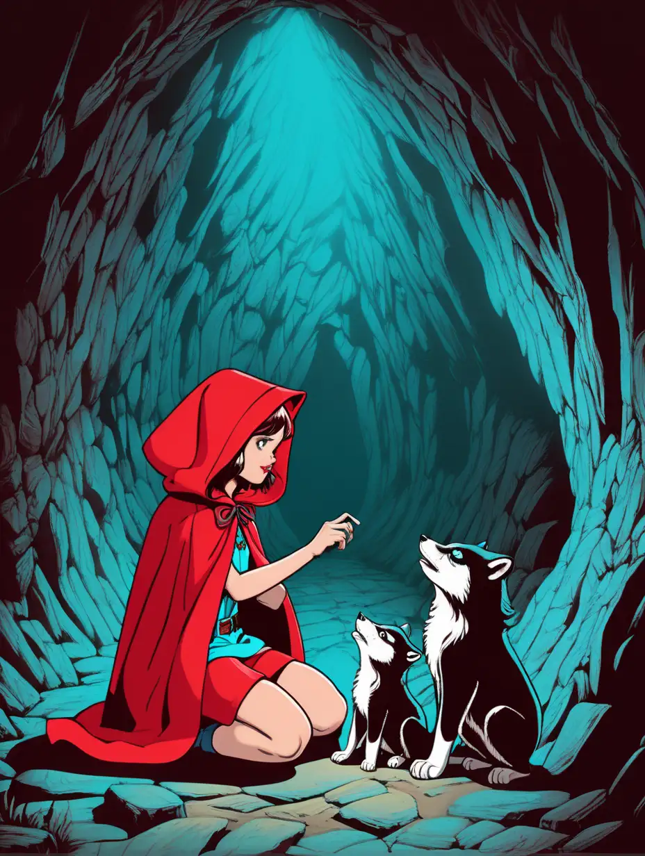 Enchanting Encounter Little Red Riding Hood with Cubs in Mystic Cave