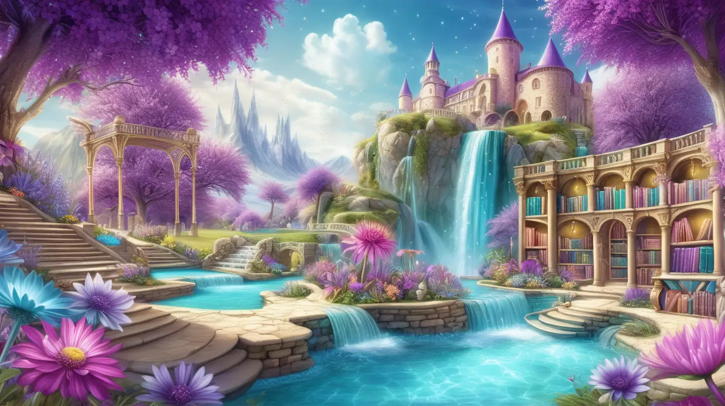 Enchanting Fairytale Oasis Purple Waterfall Treasure Chests and Magical Potions