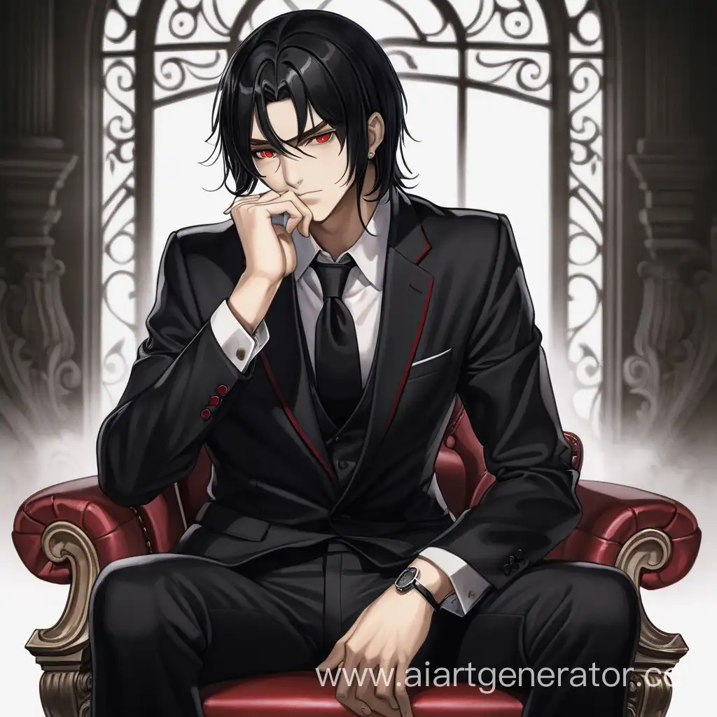 Guy, black hair, black and red eyes, athletic build, black formal suit. He is sitting on a chair, resting his chin on his hand, his gaze calm. Background, study, desktop, anime style
