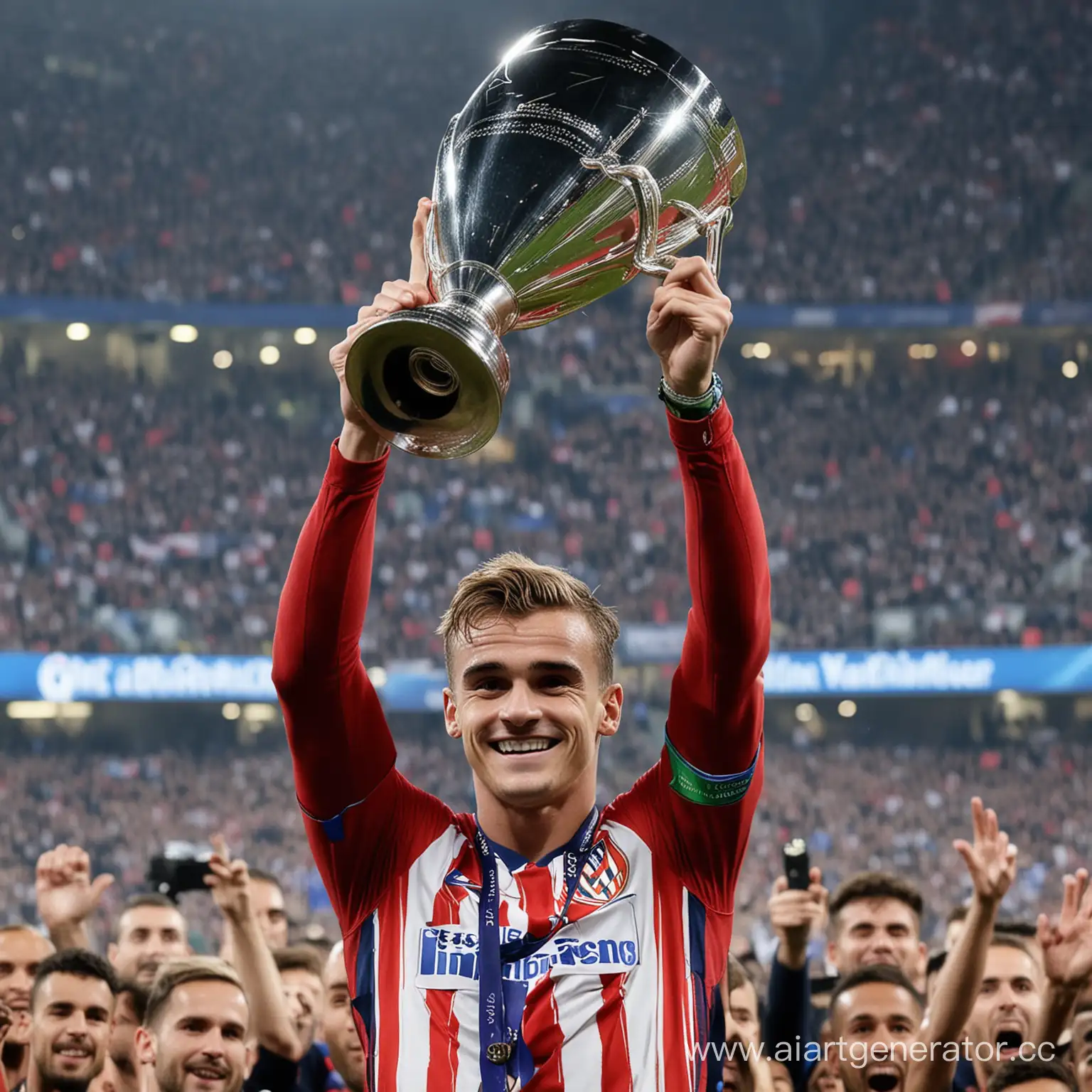 Футболист Атлетика мадрид Antoine Griezmann поднимает кубок лиги чемпионов ,на большом стадионе 