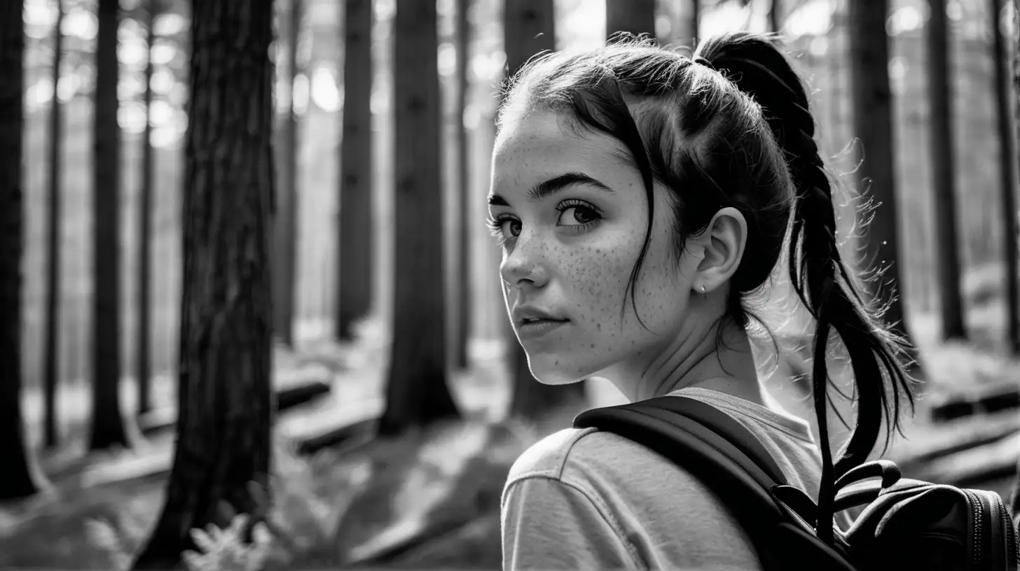 black and white, photo, 35mm, dof, natural, 26 year old woman wearing a backpack, no makeup and freckles, dark hair in a pony tail with forest in the back ground, seductive face,