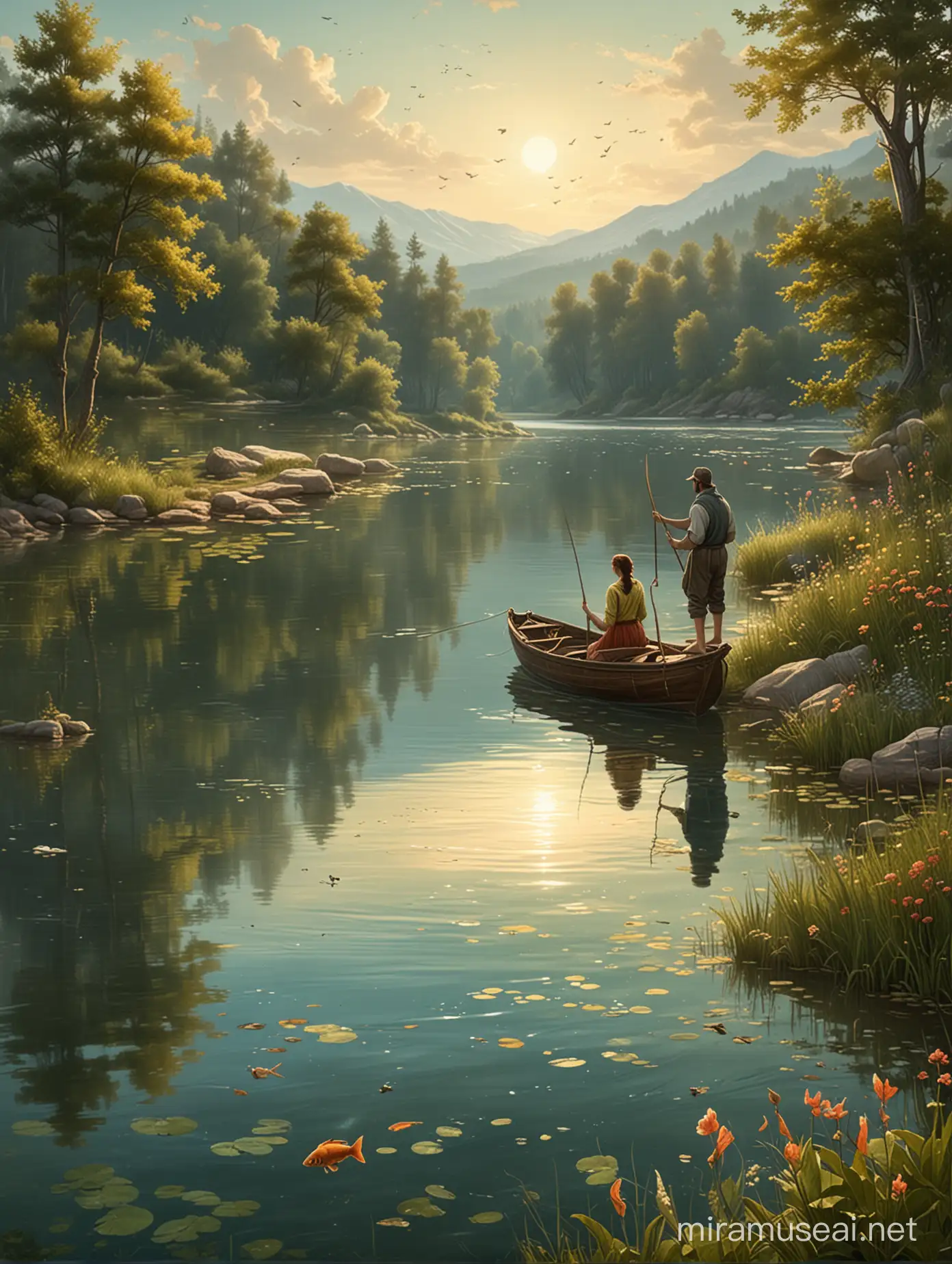 Bitte erstelle ein Hintergrundbild für ein Plakat von dem Märchen "Vom Fischer und seiner Frau". Das Bild soll im selben Stil, wie die vorherigen sein. Auf dem Bild soll ein See, der Fischer und ein Fisch zu sehen sein.