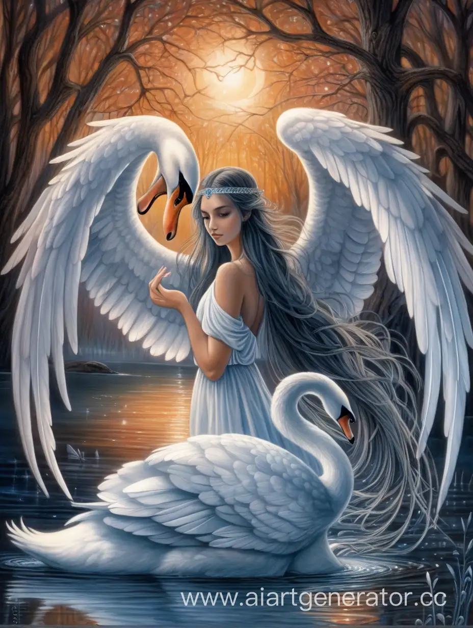 Мистический дух, мстительный лебедь, мифология, любовь у озера, лебединые мотивы, дух любви, защитник гармонии, длинные волосы, а ночи
