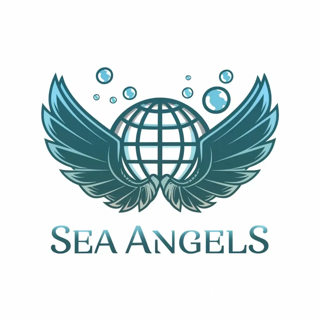 a logo design,with the text "Sea angels", main symbol:Logo wings heraldic with water bubbles in world globe,complex,be used in Sports Fitness industry,clear background
